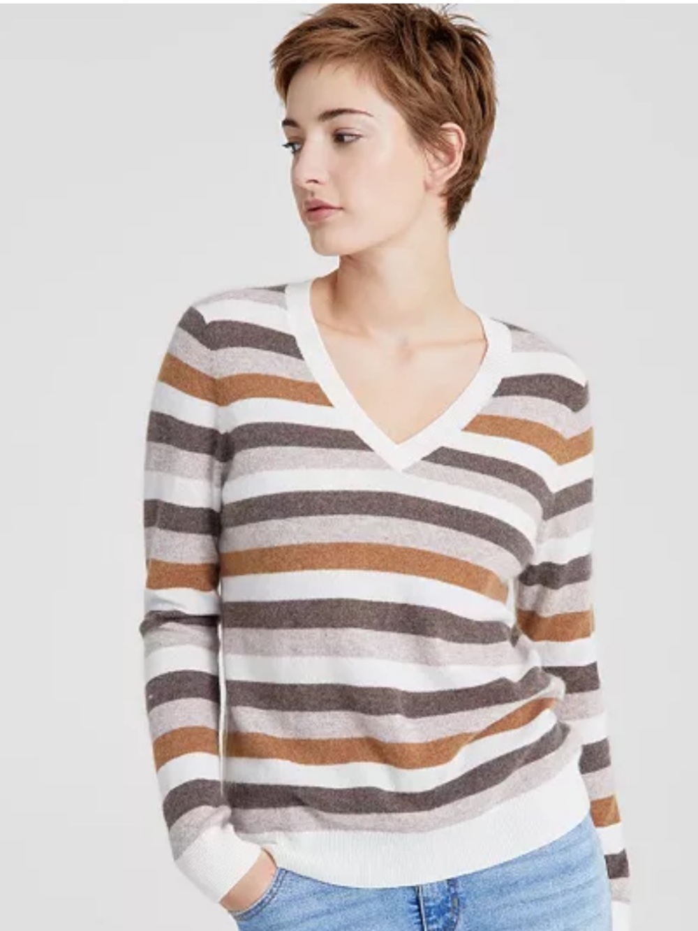 Charter Club Luxury Cashmere Brown Cream Striped V-Neck Sweater Medium